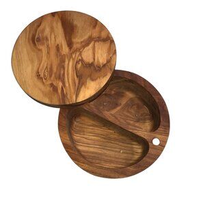 New NWT Olive Wood Double Salt Cellar with Swivel Magnetic Lid, Round